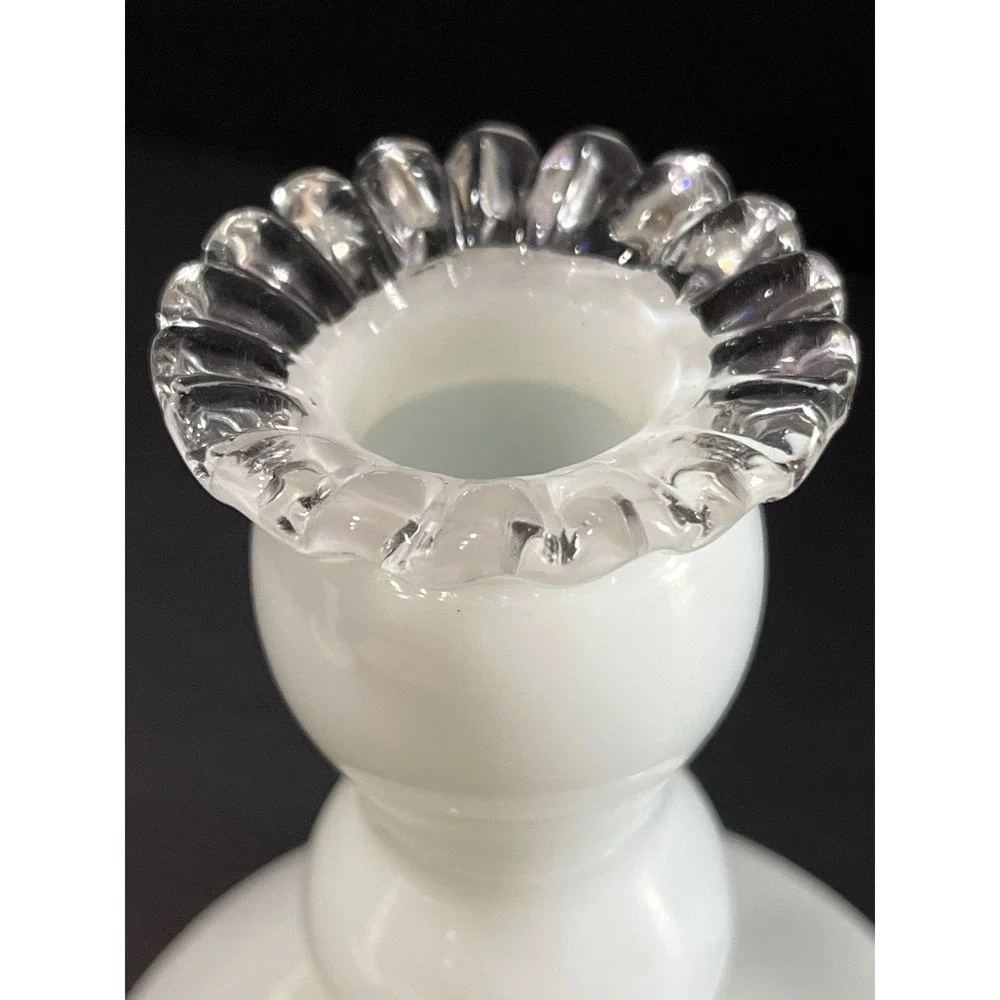 Vintage Fenton Milk Glass Candlestick Holders Pair Clear Ruffled Crest 4.5